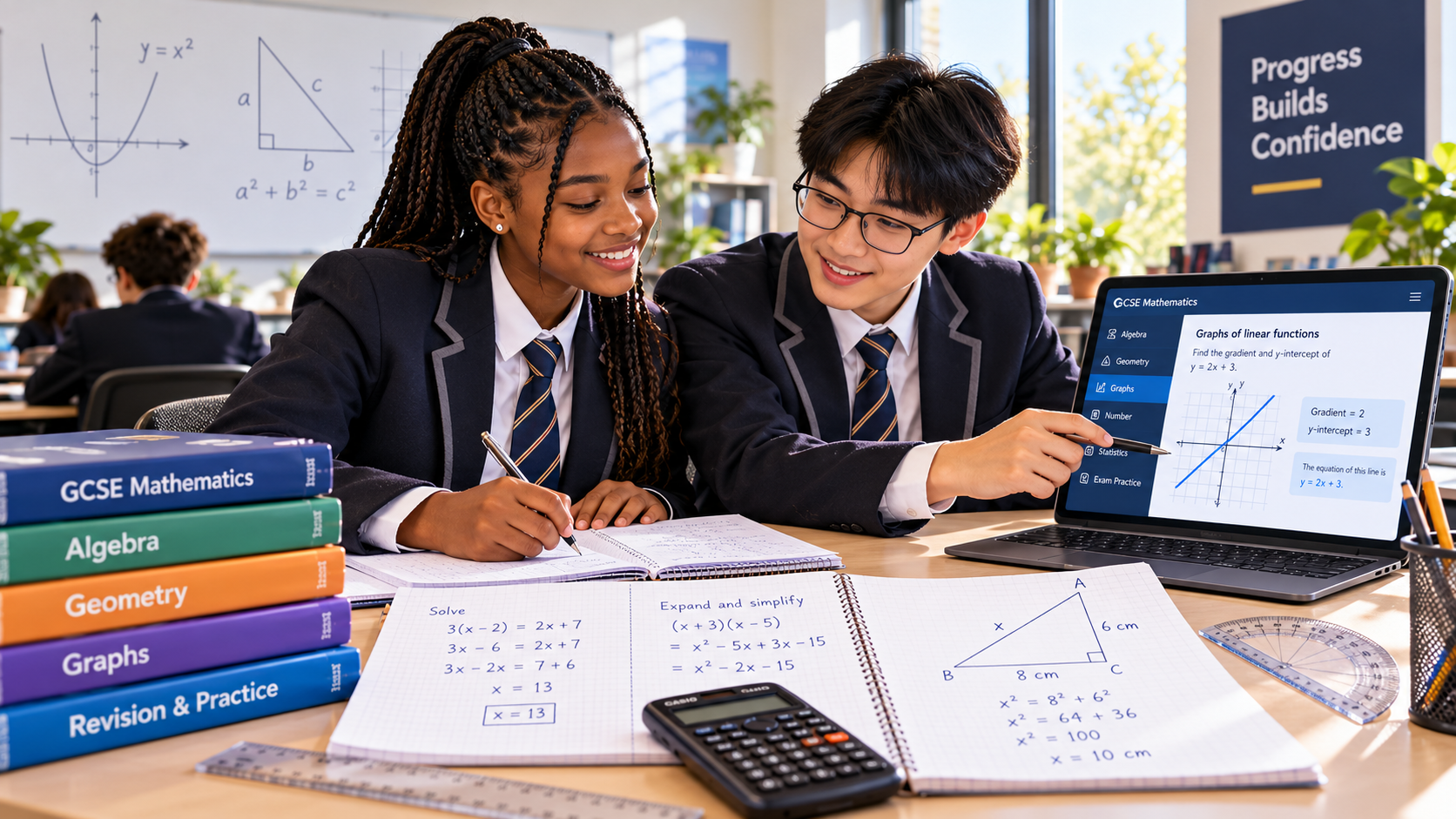 Two secondary school pupils in blazers studying GCSE mathematics together